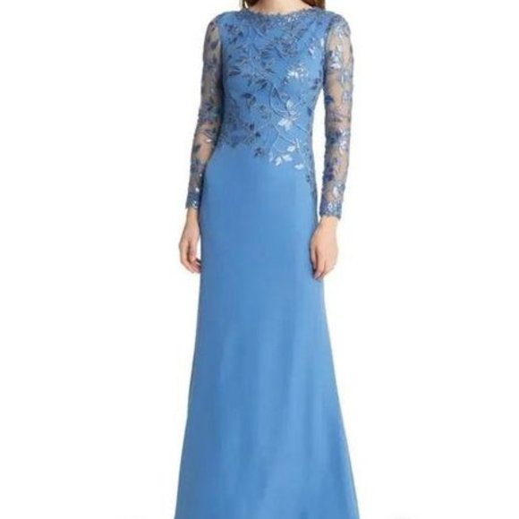 TADASHI SHOJI LONG SLEEVE SEQUINED LACE CREPE CADET BLUE GOWN sz 8 - Picture 1 of 8